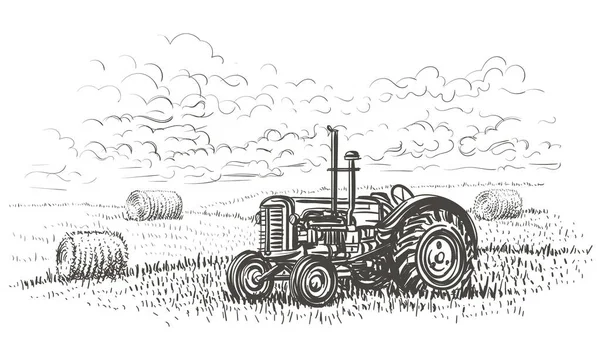 Retro Tractor Field Hand Drawn Illustration Vector — Stock Vector