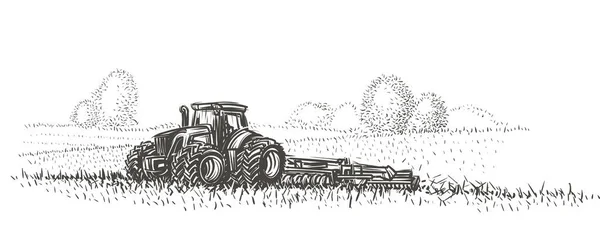 Tracteur Travaillant Dans Illustration Terrain Vecteur — Image vectorielle