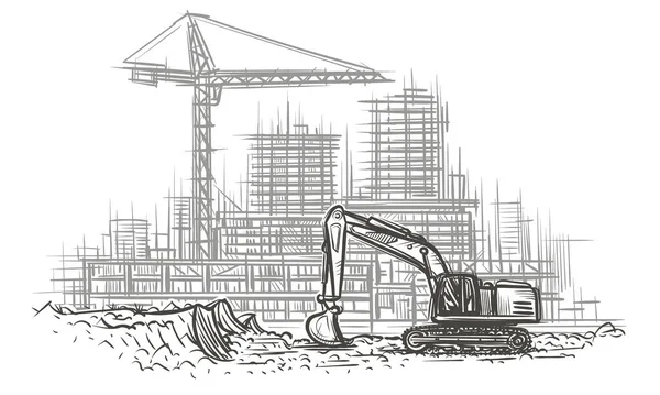 Excavator Construction Site Hand Drawn Illustration Vector — Stock Vector