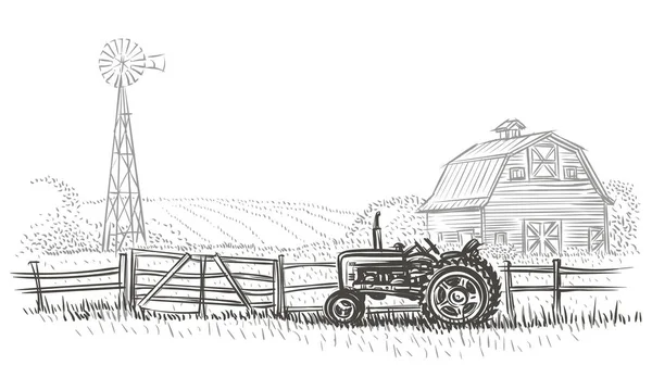 Paysage Agricole Rustique Illustration Dessinée Main Vecteur — Image vectorielle