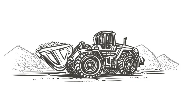 Tekerlek yükleyici dozer çizimi, izole edilmiş, vektör. 