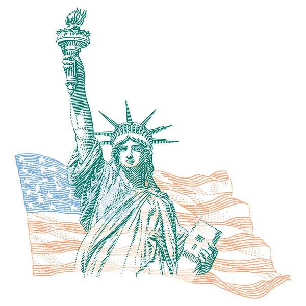 Χαρακτική Εικονογράφηση Στυλ Του Αγάλματος Της Ελευθερίας Σημαία Των Ηνωμένων — Διανυσματικό Αρχείο