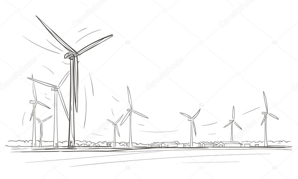 Wind turbines skyline sketch. Vector.