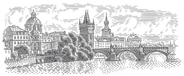Prag panorama gravür stili çizimi. Charles Köprüsü manzarası. Vektör, izole (gökyüzü ayrı katmanda)).