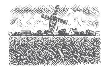Kırsal oymacılıkta buğday tarlası yakınında yel değirmeni. Vektör.
