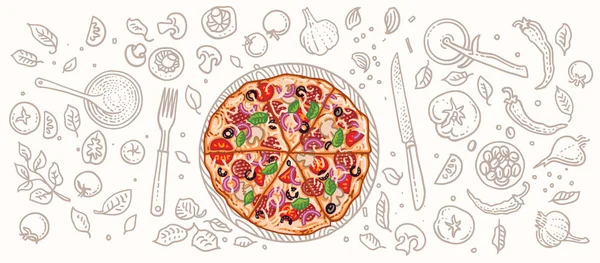 Pizza ve pizzayla ilgili örnekler. Vektör, izole, katmanlı.