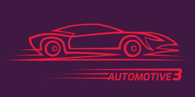 Otomotiv minimalist kırmızı çizgi çizimi. Araba taslağı. Karanlık arka plan. Metin özeti. Vektör.