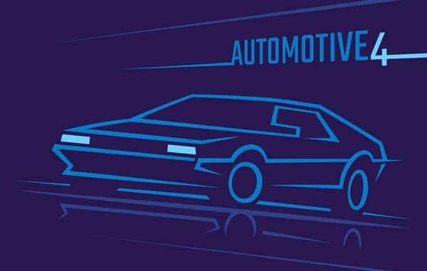 Otomotiv minimalist mavi çizgi çizimi. Araba taslağı. Karanlık arka plan. Metin özeti. Vektör.