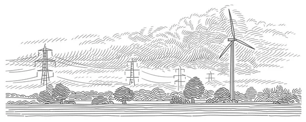 风力涡轮机领域与电力线塔的背景线艺术景观插图 — 图库矢量图片