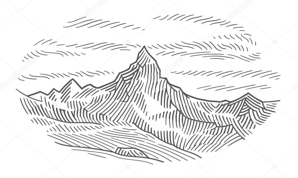 Mountain pick line art drawing. Mountain hand drawn logo. Vector.