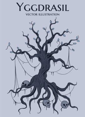 İskandinav mitolojisinden Yggdrasil dünya ağacının renkli mavi çizimi