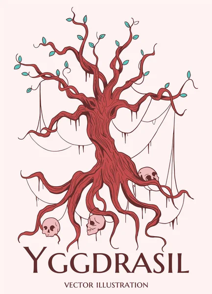 Красочная Оранжевая Зеленая Иллюстрация Мирового Дерева Иггдрасиль Скандинавской Мифологии — стоковый вектор