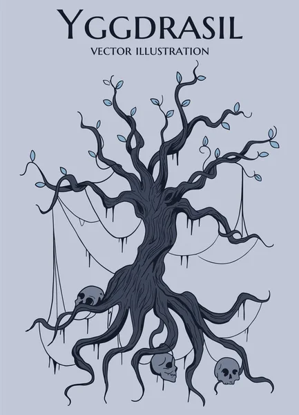 Kleurrijke Blauwe Illustratie Van Yggdrasil Wereldboom Uit Scandinavische Mythologie — Stockvector