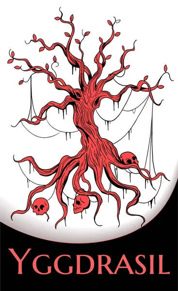 Illustration Red Black Yggdrasil World Tree Scandinavian Mythology White Background — Stockvector