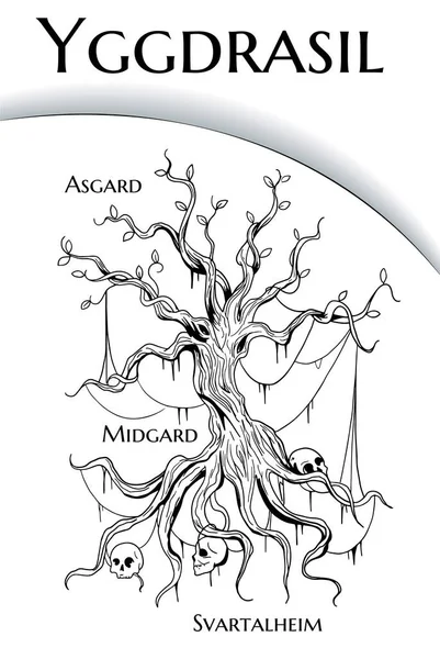 Schwarz Weiße Illustration Des Yggdrasil Weltenbaums Aus Der Skandinavischen Mythologie — Stockvektor