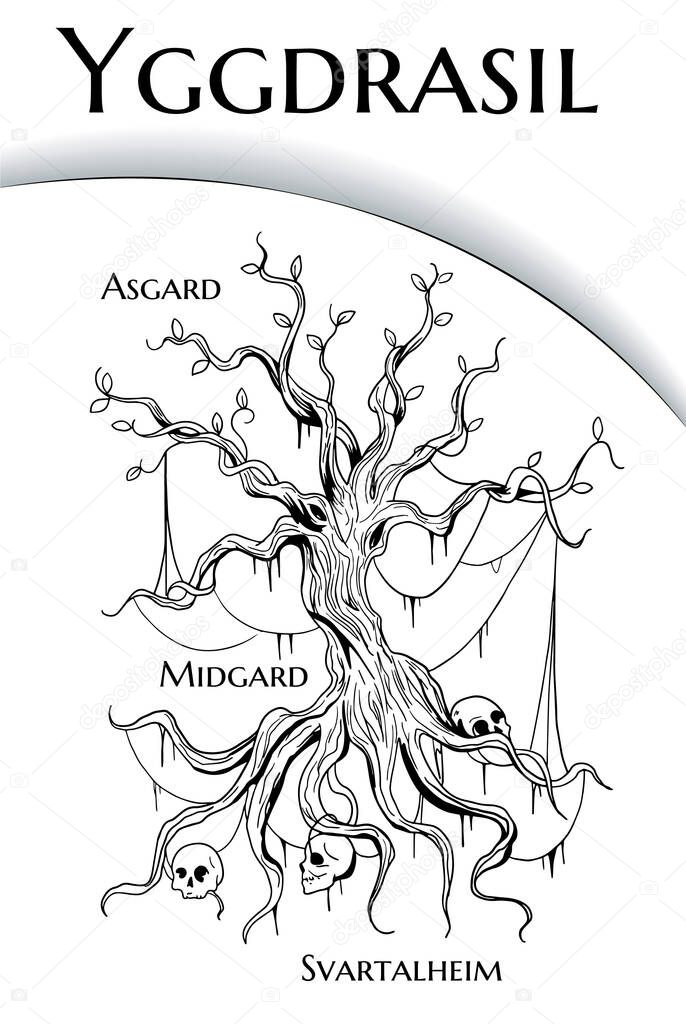 black and white illustration of Yggdrasil world tree from scandinavian mythology