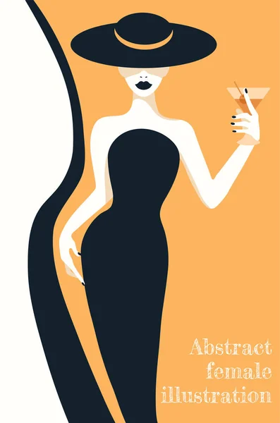 Zwart Goud Abstracte Illustratie Van Mode Gestileerde Vrouw Hoed Lange — Stockvector