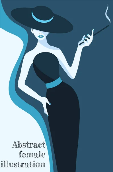 Ilustración Abstracta Azul Mujer Estilizada Moda Sombrero Vestido Largo Con — Vector de stock