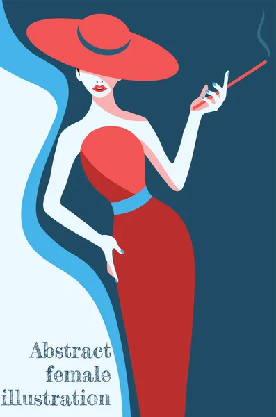 Ilustración Abstracta Mujer Estilizada Moda Sombrero Vestido Largo Rojo Con — Vector de stock