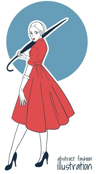 Абстрактна Модна Ілюстрація Жінкою Елегантній Сукні Складеною Парасолькою Синьо Червоних — стоковий вектор