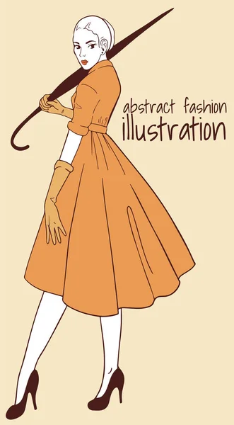Абстрактна Модна Ілюстрація Жінкою Елегантній Сукні Складеною Парасолькою Жовтій Палітрі — стоковий вектор
