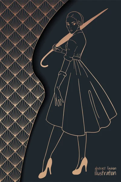 Абстрактна Модна Ілюстрація Жінкою Елегантній Сукні Складеною Парасолькою Чорно Золотій — стоковий вектор