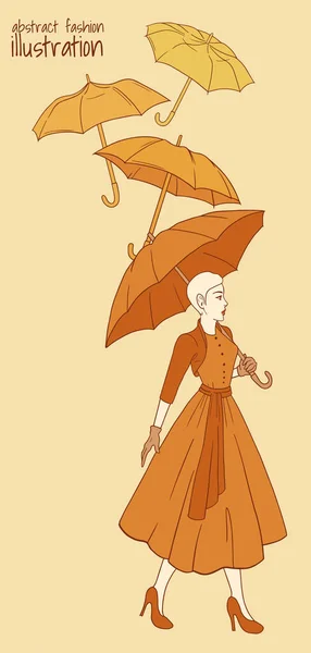 Абстрактна Жовта Модна Ілюстрація Жінка Парасольками — стоковий вектор