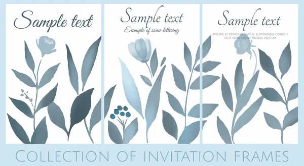 Vector Collection Invitation Dark Blue Watercolours Flowers — Stock Vector