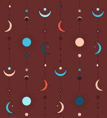  Kozmik nesnelerin turuncu ve mavi palette sonsuz çizgi üzerinde koyu turuncu arkaplan üzerinde kusursuz bir deseni vardır..