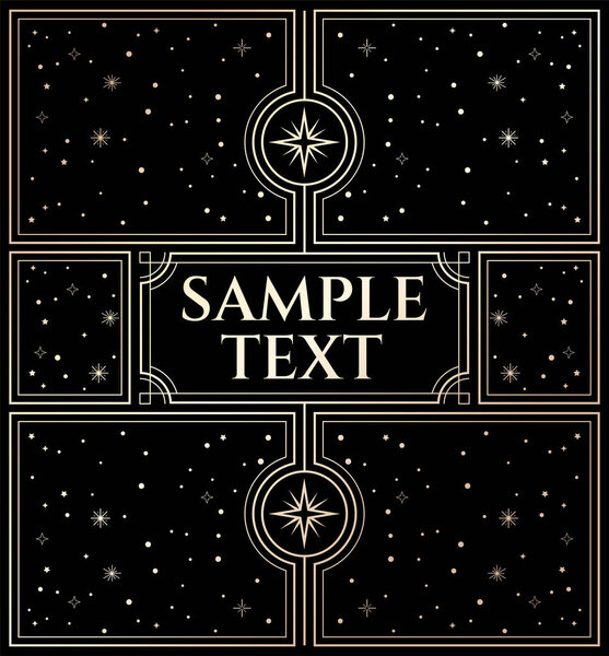 векторная иллюстрация дизайна рамы для текста золотым и черным цветом с абстрактными космическими элементами