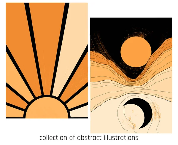 Koleksi Dua Ilustrasi Dengan Gaya Pegunungan Matahari Dan Bulan Dengan - Stok Vektor