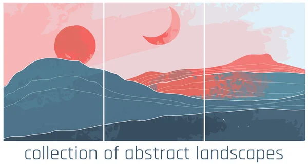 Vector Abstract Landscapes Minimalist Style Orange Blue Palette Contrast Sunset — Wektor stockowy