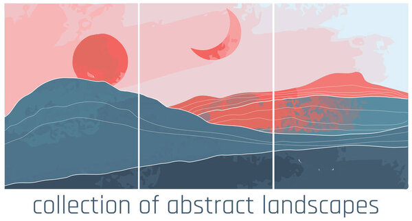  vector abstract landscapes in minimalist style. orange and blue palette, contrast sunset colours