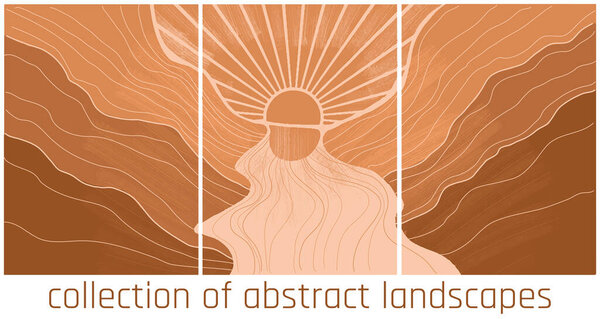  collection of landscapes with stylized mountains, sun and moon in yellow desert palette