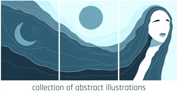 Illustration Abstraite Fantaisie Couleurs Bleues Avec Femelle Paysage Soleil Lune — Image vectorielle