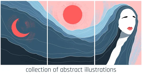 Fantasy Abstract Illustration Red Blue Colours Female Landscape Sun Moon — Stock Vector