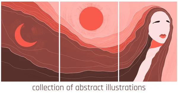 Fantasy Abstract Illustration Orange Colours Female Landscape Sun Moon — Archivo Imágenes Vectoriales