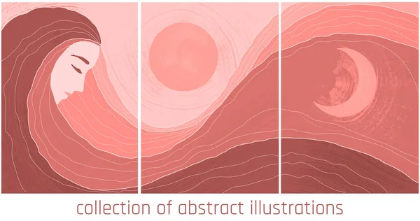 Fantasy Abstract Illustration Orange Colours Female Landscape Sun Moon — Image vectorielle