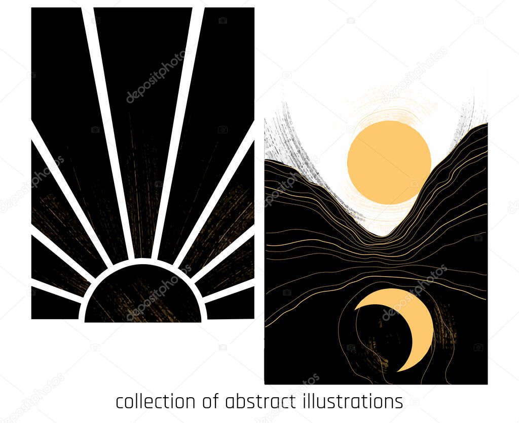  vector abstract landscapes in minimalist style. black, gold and white colours