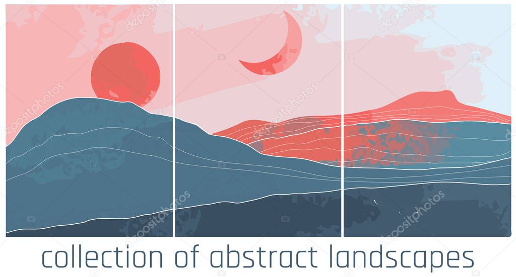  vector abstract landscapes in minimalist style. orange and blue palette, contrast sunset colours