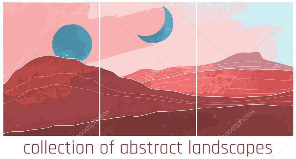  collection of landscapes with stylized mountains, sun and moon in orange and blue contrast palette