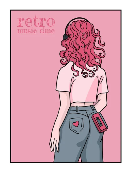 Flicka Silhuetter Tecknad Stil Med Liten Bandspelare Rosa Färger — Stock vektor