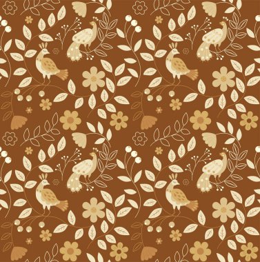 Sarı palette, güneşli renk şemasında etnik stilize kuşların ve doğanın pürüzsüz deseni