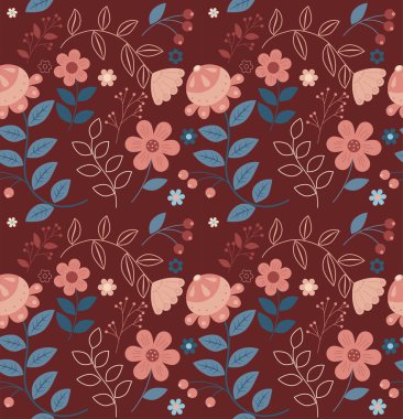  Koyu kahverengi arka planda turuncu ve mavi paletteki vektörsüz desen biçimlendirilmiş etnik doğa, kabile çiçekleri deseni