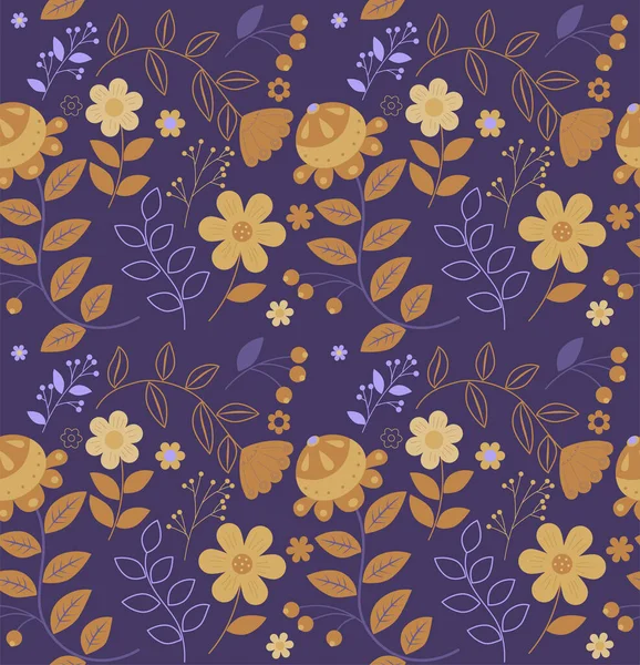 Vector Patrón Sin Costuras Contraste Esquema Color Amarillo Púrpura Flores — Archivo Imágenes Vectoriales