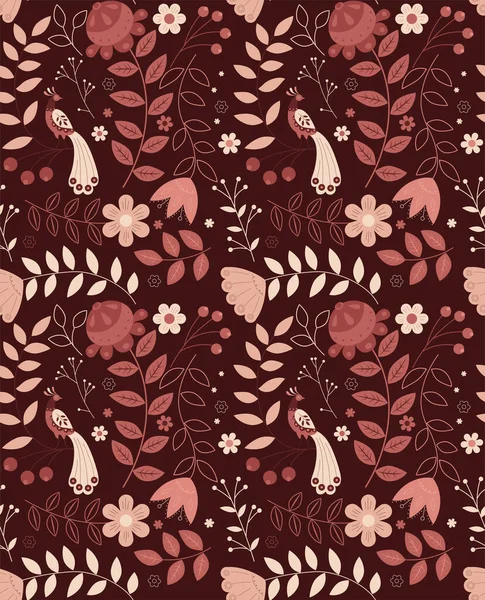 エスニック植物 鳥のベクトルシームレスパターン — ストックベクタ