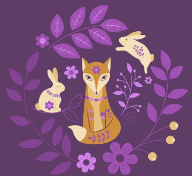 Şekillendirilmiş etnik tilki, tavşan ve çiçek elementlerinin vektör çizimi