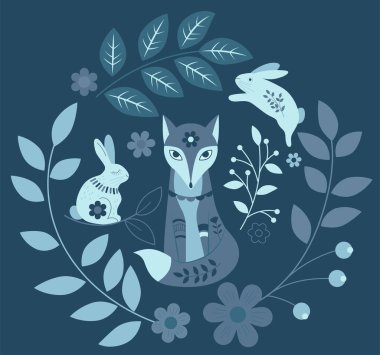 Şekillendirilmiş etnik tilki, tavşan ve çiçek elementlerinin vektör çizimi