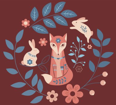 Şekillendirilmiş etnik tilki, tavşan ve çiçek elementlerinin vektör çizimi