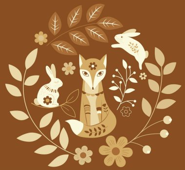  Sarı renk şeması, güneşli ve altın renklerinde biçimlendirilmiş tilki, tavşan ve çiçek elementlerinin vektör çizimi